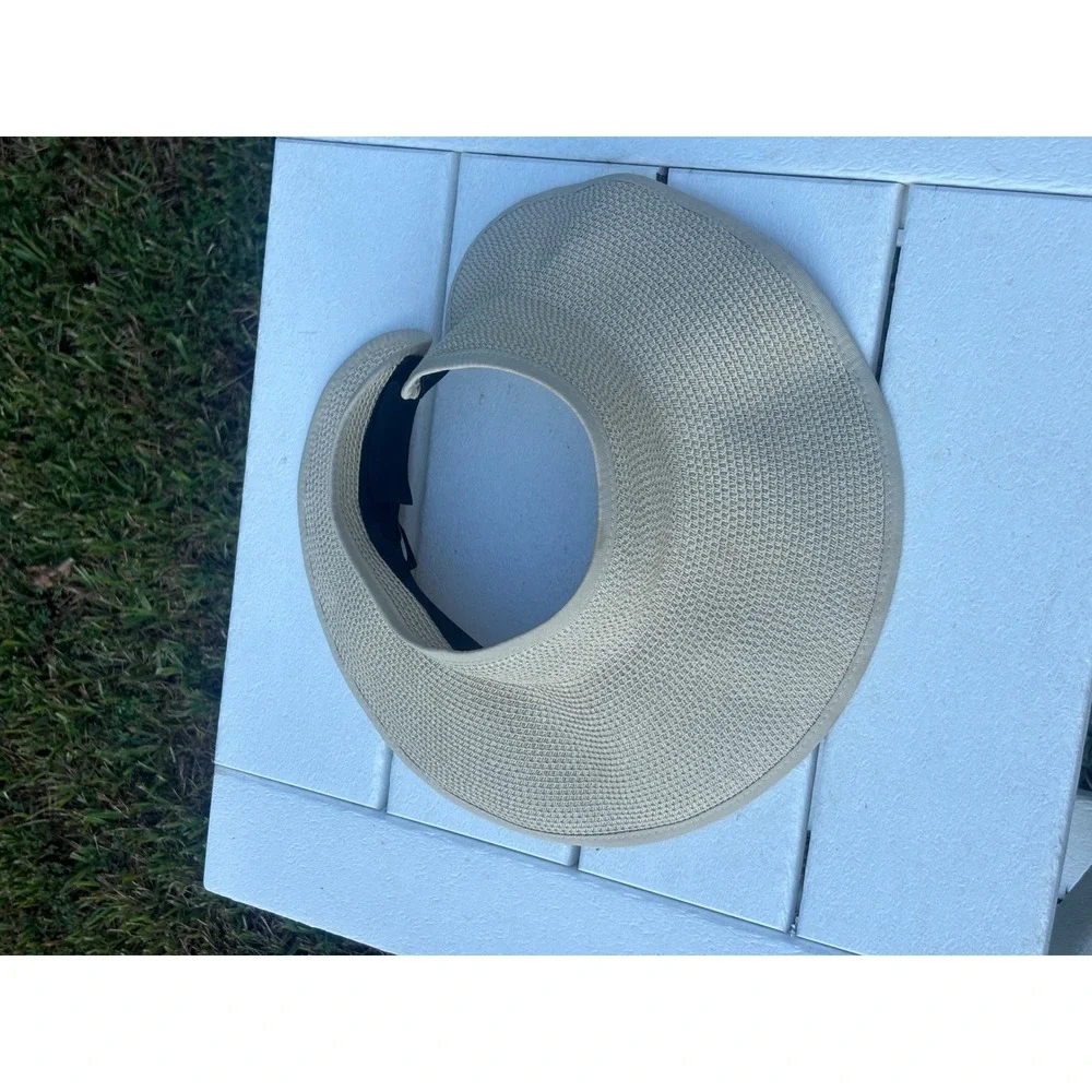 Joywant Womens Straw Sun Visor Hat Beige Wide Brim Roll Up Foldable Beach Cap